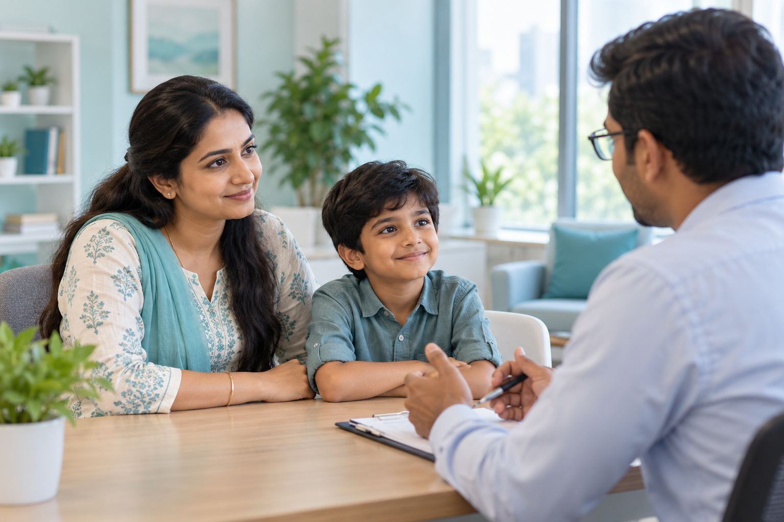Mother and child discussing psychological assessment with a psychologist